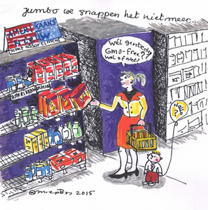 Miep Bos, tekening, Jumbo we snappen het niet, GMO Free, gentech, GGO