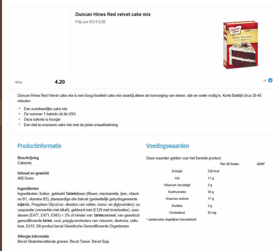 AH, Duncan Hines, Red Velvert cake Mix, genetisch gemodificeerde tarwe