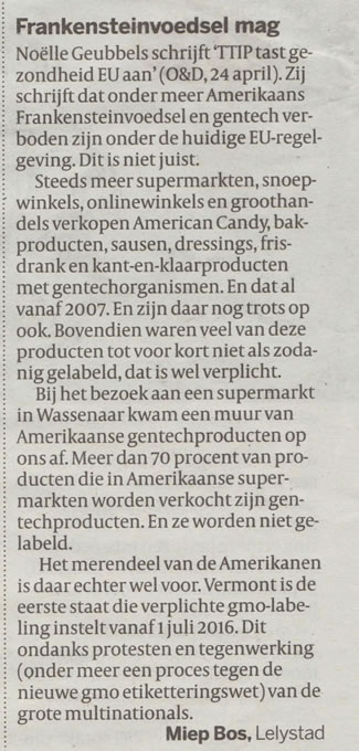 Frankensteinvoedsel mag, Volkskrant 25-04-2015, ingzonden brief van Miep Bos