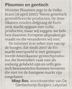 Ploumen en Gentech, ingezonden brief in Volkskrant