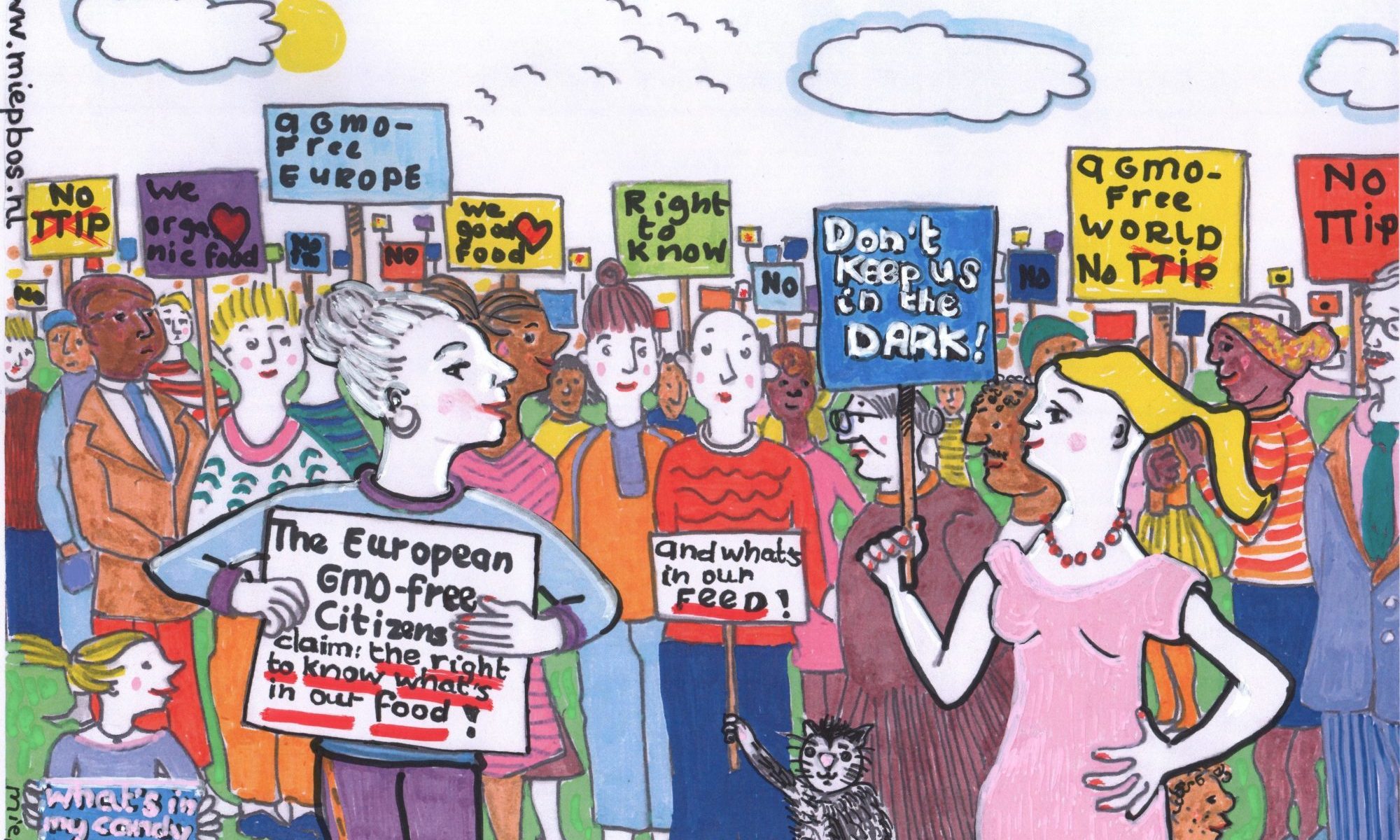 Right to know, een cartoon van Miep Bos. Tekening van protestborden tijdens een demonstratie