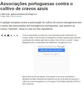 Portugal krant oproep tekenen petitie gentech anjer Moonaqua