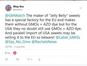 Jelly Belly tweet gmos in USA products not in EU produts