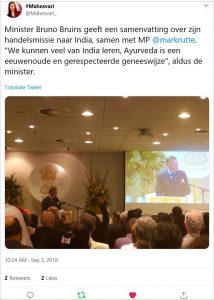 Ayurveda congres Leiden 3 sept. toespraak minister Bruins. Tweet Mahesvari