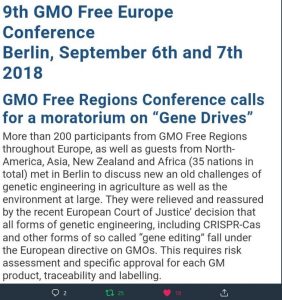 Crispr Cas moratorium voorgesteld door GMO free Regions 2018