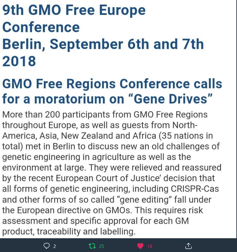 Crispr Cas moratorium voorgesteld door GMO free Regions 2018