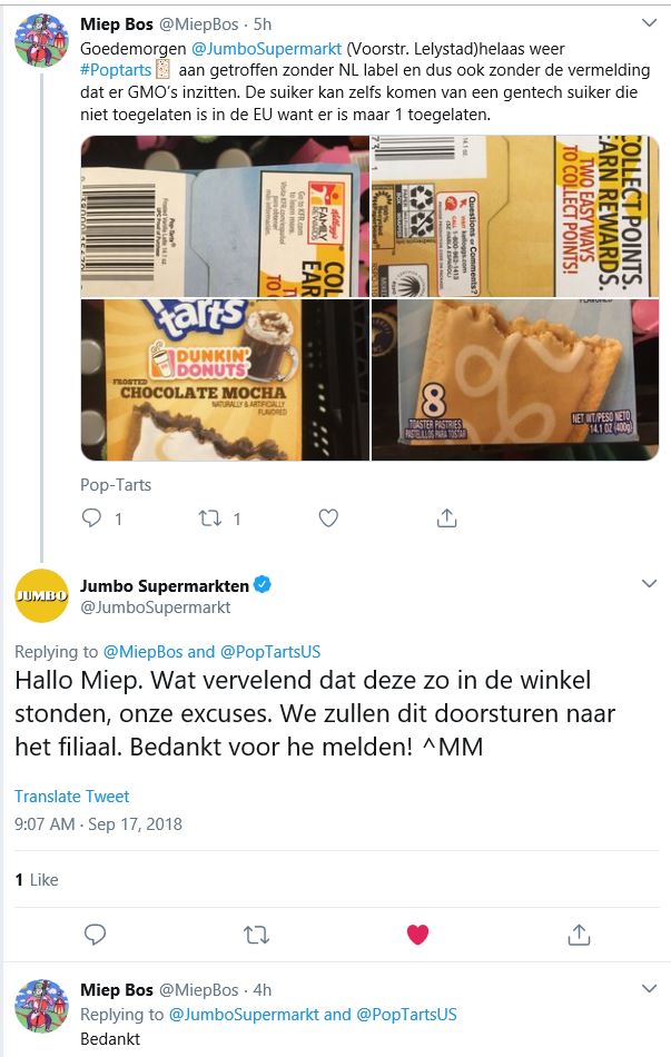 Weer geen NL label op Poptarts bij Jumbo, Jumbo belooft maatregelen