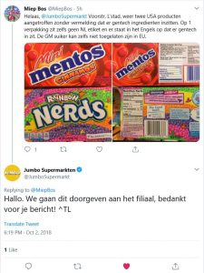 Jumbo geen vermelding dat het gentech is. 2-10-18 Tweet.