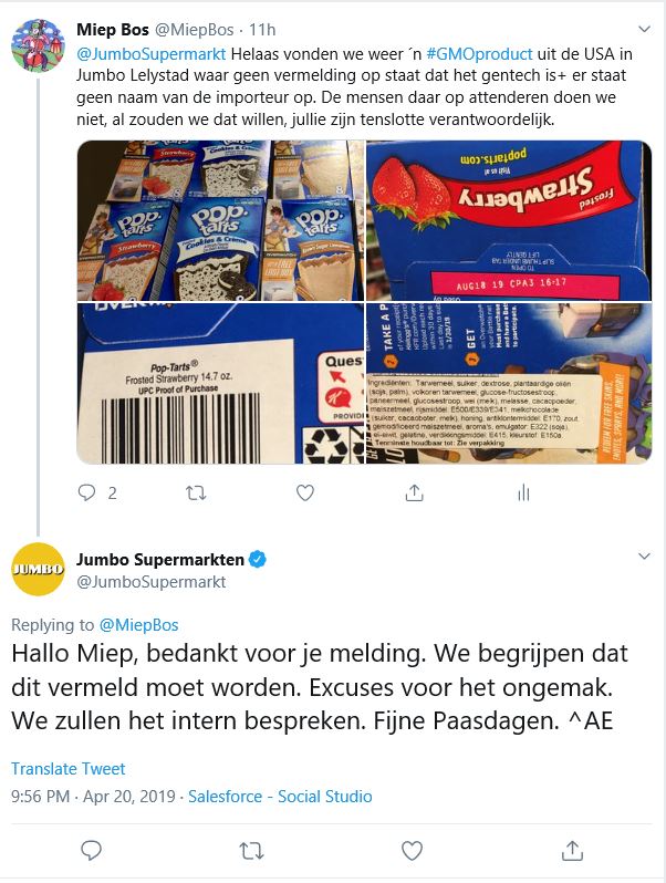 Pop Tarts foutief gelabeld bij Jumbo 20-04-2019.